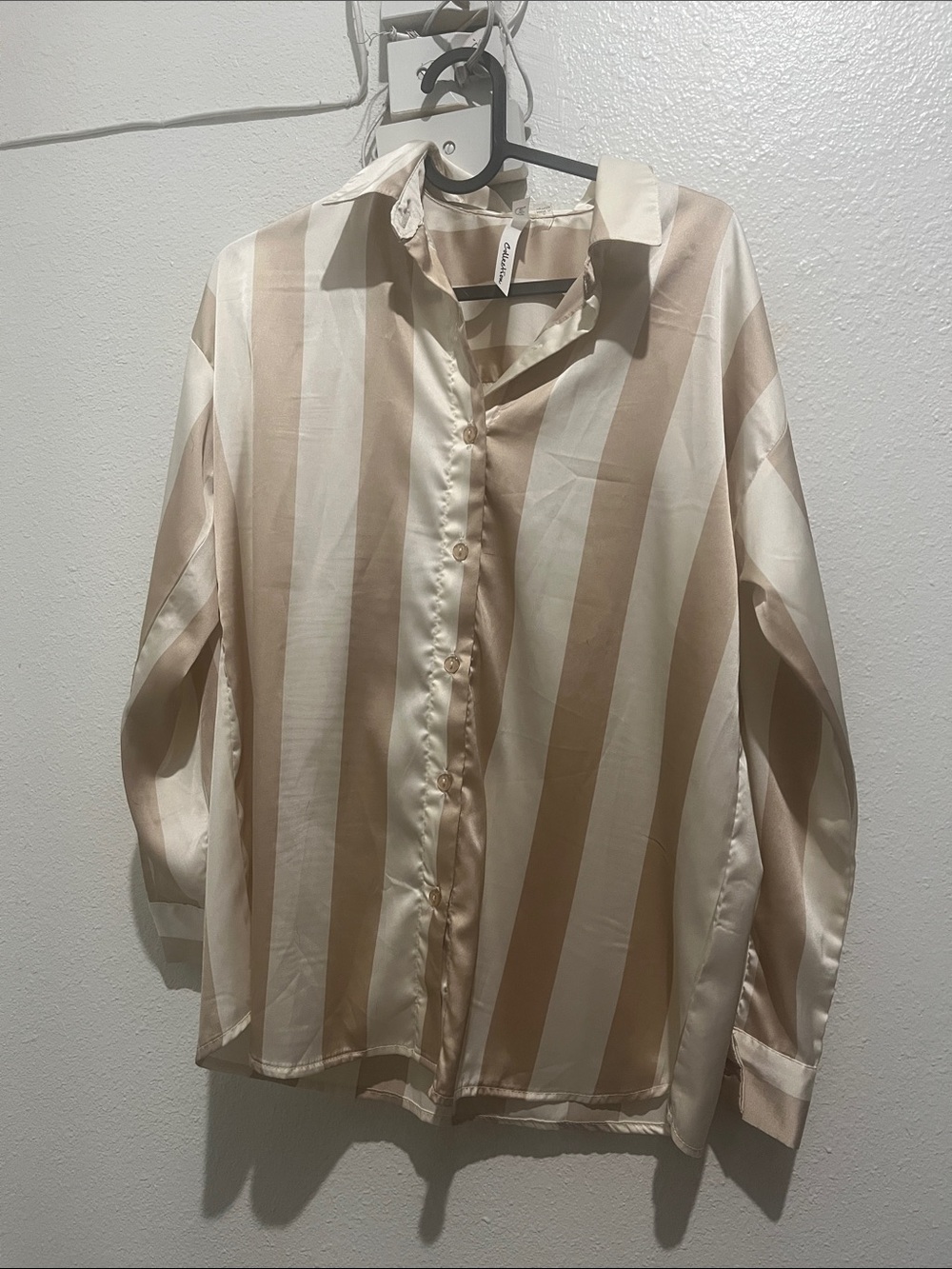 NY Collection Vertical Striped Satin Button-Down Shirt - Cream & Tan